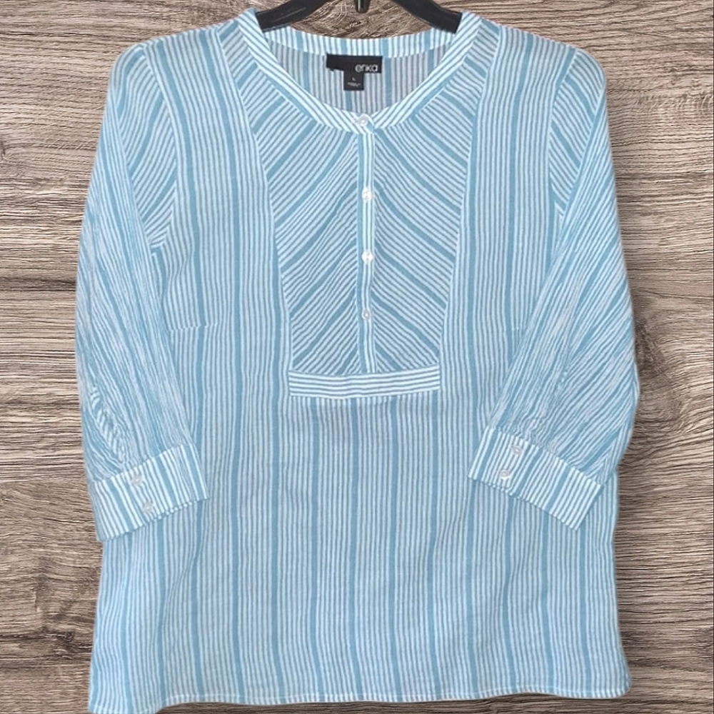 Erika. 100% Cotton Large. Aqua & White Stripes